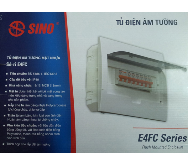 Tủ điện âm tường Sino mặt nhựa chống cháy chứa 8-12 module E4FC 8/12